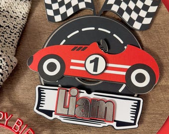 Race Car Cake Topper, Fast One Two Fast Retro Car Racing theme