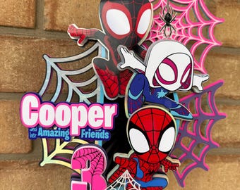 Adorno para tarta de Spidey y sus increíbles amigos, color rosa y verde azulado, decoración para fiesta de cumpleaños de Miles Morales, Gwen Stacy y Spideyverse.