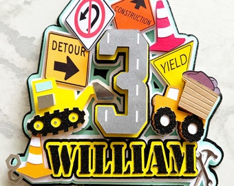 Topo de bolo com tema de construção, tema para aniversário de 3 anos, bolo para esmagar, topo de bolo com caminhão basculante, topo de bolo personalizado, decoração de festa