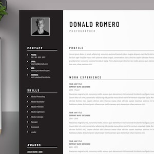 May include: Black and white resume template with a professional headshot of a man. The resume includes contact information, skills, work experience, awards, and a profile section. The text on the resume is in a sans-serif font.