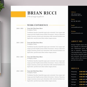 May include: A black and gold resume template with a yellow accent bar. The resume is for Brian Ricci, a photographer. The resume includes work experience, skills, and an about me section.
