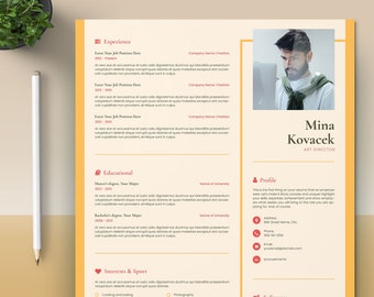 May include: A yellow and white resume template featuring a photograph of a man wearing a green shirt. The resume is divided into sections for experience, education, profile, and interests and sports. The text on the resume includes the name Mina Kovacek, Art Director.