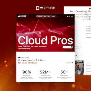 Op de afbeelding: Een webpaginaontwerp voor Echos Tech Consulting met een rode gradiëntachtergrond en witte geometrische netwerklijnen. De tekst luidt Cloud Pros, Scale Your SaaS 10x Faster with Expert Tech Consulting en Reliable Evidence.