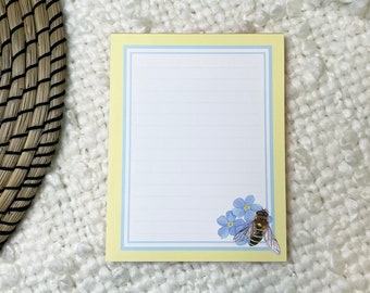 Southern Bee Notepad | Bee and Forget-Me-Not Flowers | 4" x 5.5" | 50 Sheets | Office Supplies | Floral Stationery