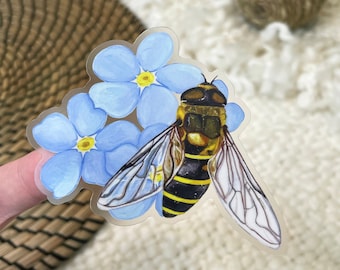 Southern Bee Clear Border Sticker | 3" x 2.9" | Vinyl | Bumblebee and Forget-Me-Not Flower | Die Cut Decal | Weatherproof | Gouache | Floral