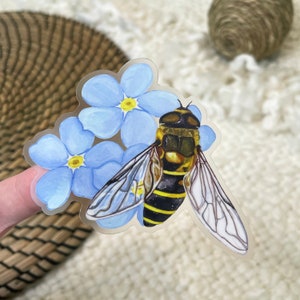 Southern Bee Clear Border Sticker | 3" x 2.9" | Vinyl | Bumblebee and Forget-Me-Not Flower | Die Cut Decal | Weatherproof | Gouache | Floral