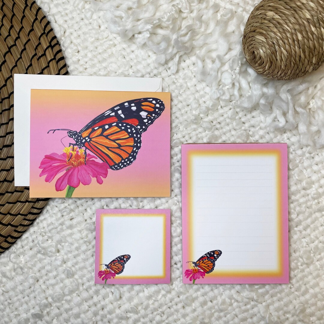 Monarch Butterfly Stationery Set: Pink Floral Notecards, Notepad ...