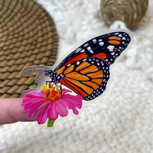 Monarch Butterfly Vinyl Sticker: Clear Border, Waterproof, Dishwasher Safe Decal | Pink Flower