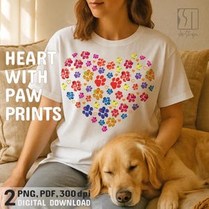 Colorful Paw Print Heart PNG, Dog Paw Sublimation Design, Dog Lover Gift, Pet Valentine, Dog Mama PNG, Digital Download for t-shirts, dtf