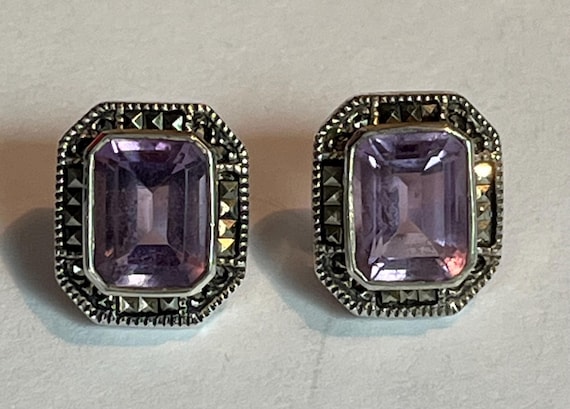 Vintage Judith Jack Sterling silver, Marcasite and Amethyst stud post earrings.