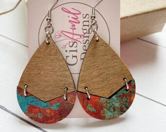 Copper and Walnut Wooden Earrings, Wooden Copper and Teal Pattern Earrings, PatternPly  Dangle, Fall Jewelry