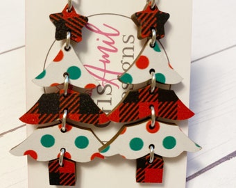 Wooden Christmas Tree Earrings, Red & Green Polka Dots and Red Buffalo Plaid Pattern Christmas Tree Dangle, Pine Tree Earrings