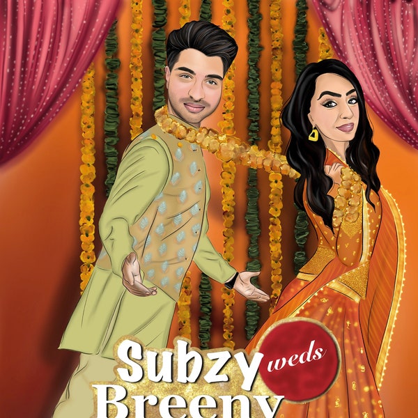 Bollywood-Filmplakat Save the Date, Karikaturzeichnung von Fotos, Hochzeitskarikatur, Paarkarikatur, Karikatur, Familienkarikatur,