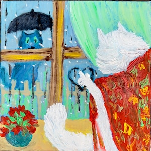 C'est l'amour Rain Window Geranium Magnifique tableau avec des chats Petit tableau Peinture à l'huile Tableau pour adultes et enfants Décoration murale Cadeau