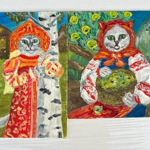 Deux belles peintures de chats, Un chat dans un sarafan russe, Chat - une grand-mère avec des pommes, Petite peinture avec un couteau à palette