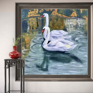 grâce du cygne , painting with two white swans, oil painting of birds, art lake with swans, painting for home decoration , handmade , gift