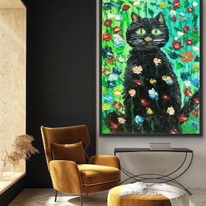 petite image de chat, art chat noir en fleurs 13 x 18 cm, image lumineuse pour les amoureux des animaux, cadeau original pour les enfants, fait main,