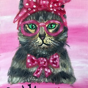 Art de chat Portrait de chat original, maman chat avec noeuds, petite peinture à l'huile, beau cadeau pour maman. Maman chat avec lunettes et écharpe