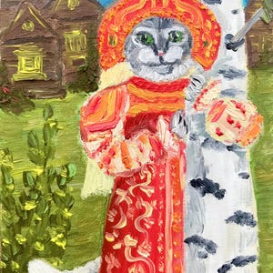 peinture de luxe d'un chat peinture originale d'un chat, chat dans un sarafan russe, petite peinture à l'huile, complot naïf Cadeau original fait main