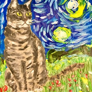 Peinture originale avec un chat Art chat dans le style de Van Gogh Chat rayé Peinture à l'huile Petit tableau lumineux Cadeau pour les amoureux des chats Fait main