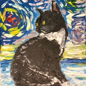 chat peinture art chat dans le style Van Gogh, chat noir, peinture à l'huile, petite peinture lumineuse cadeau original décoration murale fait main