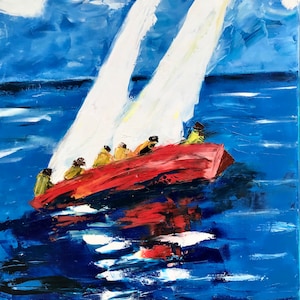 Maritime Kunst, Gemälde von einem Segelboot auf dem Meer mit Matrosen, handgemaltes Öl, Spachtel auf Leinwand, Kunst für Flur, Schlafzimmer, Esszimmer, Café
