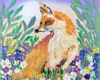 Fox Painting Animal Painting Original Art Impasto Oil Painting Wildlife Painting Original Fox Portrait in Flowers