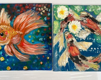 金魚の油絵：インパスト魚アート、質感のある水中風景 - Etsy 日本