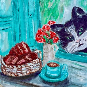 Peinture de chat Peinture à l'huile Art amusant avec un chat et des croissants Vase de croissants au café avec des fleurs Miniature avec un animal Oeuvre originale lumineuse