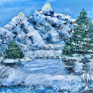Peinture à l'huile originale de paysage d'hiver : empâtement, scène de montagne (30/24 cm)