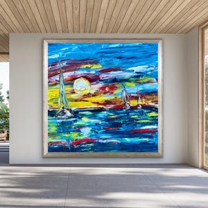 Pintura original, impasto marinho, pequena pintura a óleo, pintura azul, arte de veleiro, feito à mão, presente original, pintura brilhante