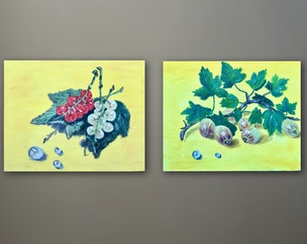 summer paintings, art gooseberries and currants in oil, two small paintings with berries