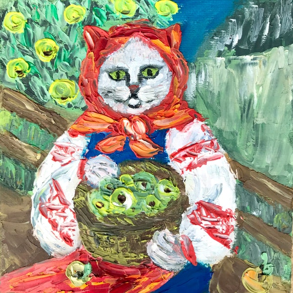 Art original chat - grand-mère avec des pommes, petite peinture avec un couteau à palette, chat en costume russe de Tatyana Dulac