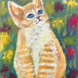 Peinture estivale représentant un chaton roux, art du portrait, art du portrait, chat roux, chat et papillon, petite peinture à l'huile cadeau pour enfants, peinture portrait