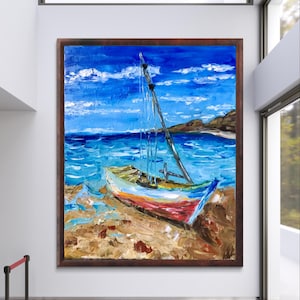 paisagem marinha original impasto, pintura a óleo sobre painel, barco no mar, pintura original, paisagem marinha com barco presente original, feito à mão