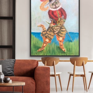 Tableau Le chat botté d'après le conte de fées de Charles Perrault, petite peinture à l'huile, oeuvre d'art lumineuse pour les enfants et les parents