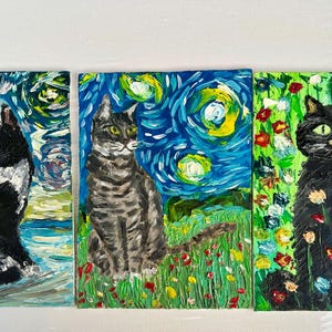 magnifiques trois peintures avec des chats dans le style de Van Gogh, rayures, noir et blanc, chats noirs, peinture à l'huile, petite peinture lumineuse