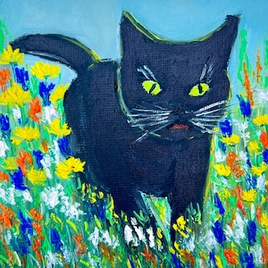 Chat noir et fleurs peinture à l'huile portrait drôle de chat noir en fleurs animaux miniatures lumineux original art fait main oeuvre cadeau original