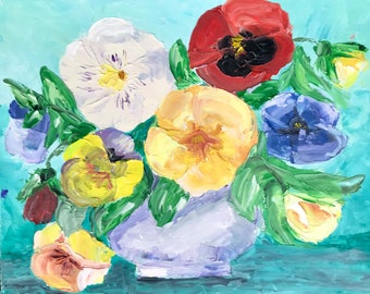 pansies in a vase, impasto flowers, flower oil painting, original small painting