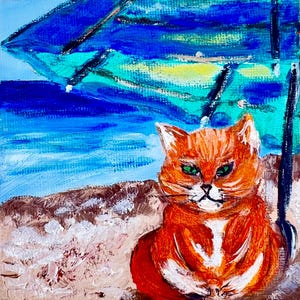 Peinture avec un chat Peinture à l'huile Art amusant avec un chat sur la plage Se détendre près de la mer sous un parasol Miniature avec un animal Lumineux