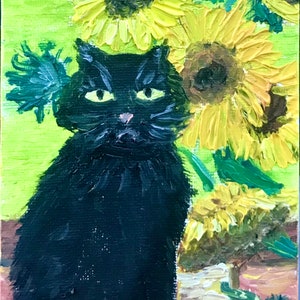 Oeuvre d'art originale avec un chat de style Van Gogh Chat noir dans des tournesols Fleur de chat Petite peinture à l'huile Cadeau pour les enfants et les amis Fait main