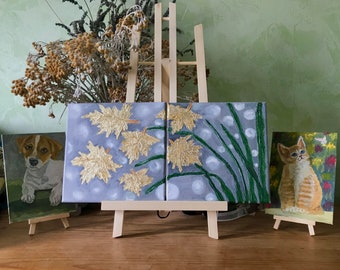 Olieverfschilderij, Gouden bladeren, twee kleine 3D olieverfschilderijen, esdoornbladeren, herfstbladeren schilderen