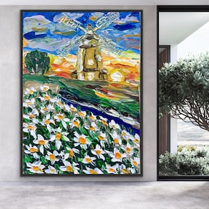 melody of wind and light  , Netherlands landscape painting,  Old Mill, Antique Windmill, Dutch Daisy Decor, Windmill, Impasto Painting