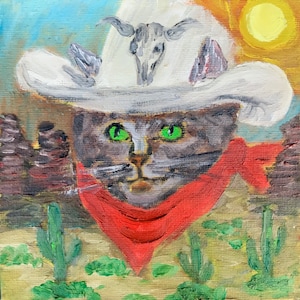 Arte original Vaquero americano, cuadro pequeño 15 por 15 cm de Tatyana Dulac, gato vaquero óleo sobre tabla
