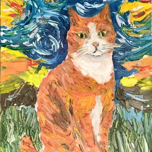 Petit chat roux, peinture à l'huile de style Van Gogh, art lumineux, décoration d'intérieur, cadeau mignon, amoureux des chats sapin, art de chat fait main, style original