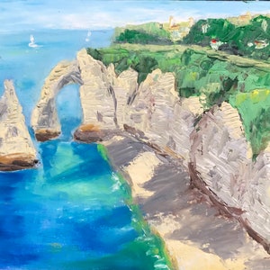 Peinture originale d'Etretat plage Normandie France falaises craie peinture falaises Normandie petite peinture 8 "x 9" fait main, cadeau