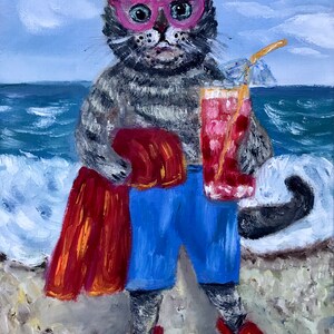 Soleil de mer Vacances Peinture avec un chat Art avec un chat Paysage d'été Plage Mer Petite peinture à l'huile Peinture drôle avec un chat sur la plage