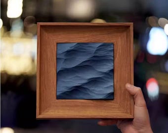 Blue Wave Plaster Wall Art | 3D Carving, Wood Frame