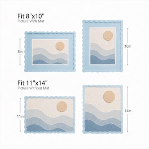 May include: Four light blue wavy-edged picture frames displaying abstract landscape art with a beige sun and blue layered waves. The top frames fit 8"x10" pictures with mats, while the bottom frames fit 11"x14" pictures without mats, as labeled.