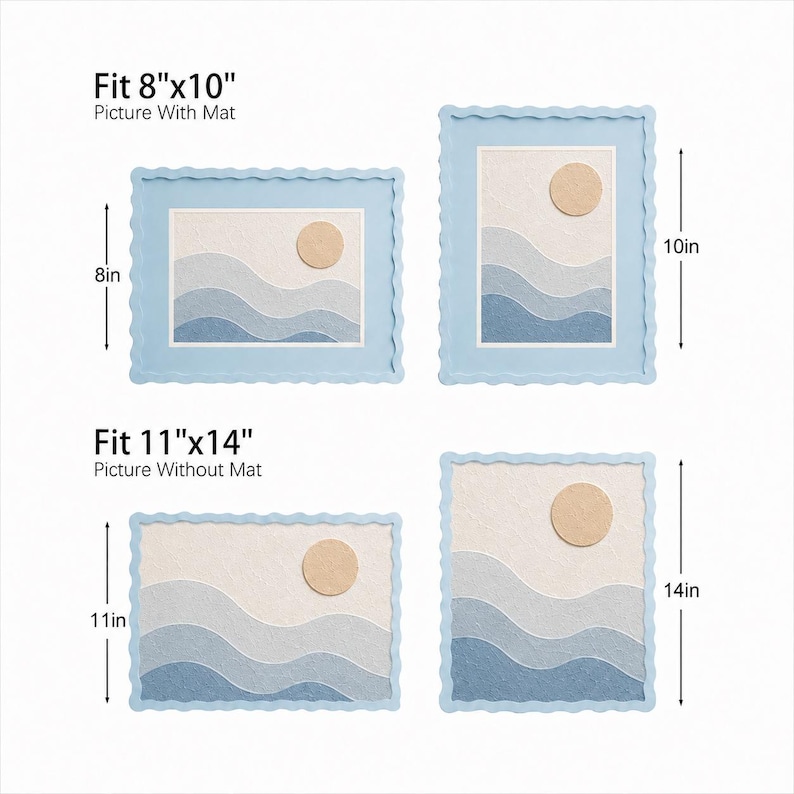 May include: Four light blue wavy-edged picture frames displaying abstract landscape art with a beige sun and blue layered waves. The top frames fit 8"x10" pictures with mats, while the bottom frames fit 11"x14" pictures without mats, as labeled.